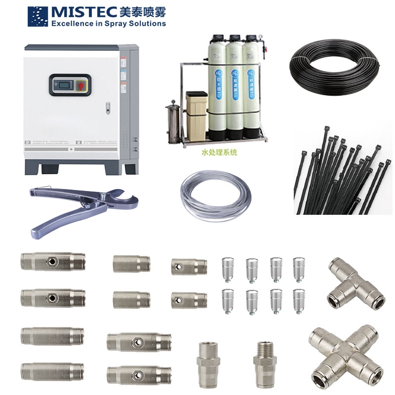 Greenhouse plant misting system kit with fine mist cooling temperature down